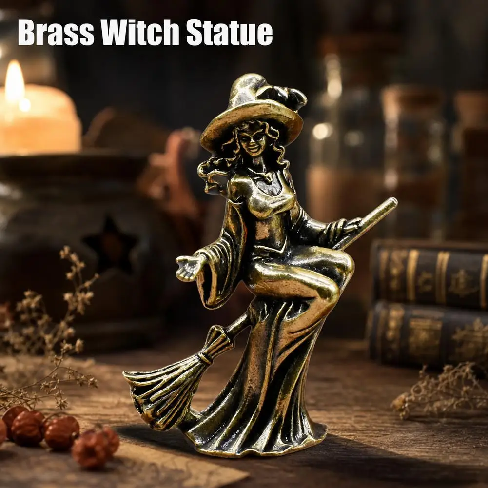 Handmade Brass Flying Witch Figurine Vintage Metal Statue Broom Bohemian Gothic Desk Ornament Shelf Decor Witchcraft Halloween