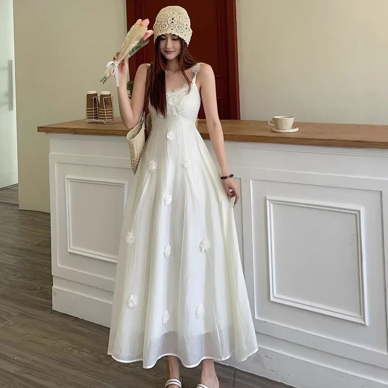 

2026 Summer New Flower Decoration Women's Seaside Resort Strap Dress Korean Fashion Sleeveless Fairy Maxi Dresses for Women