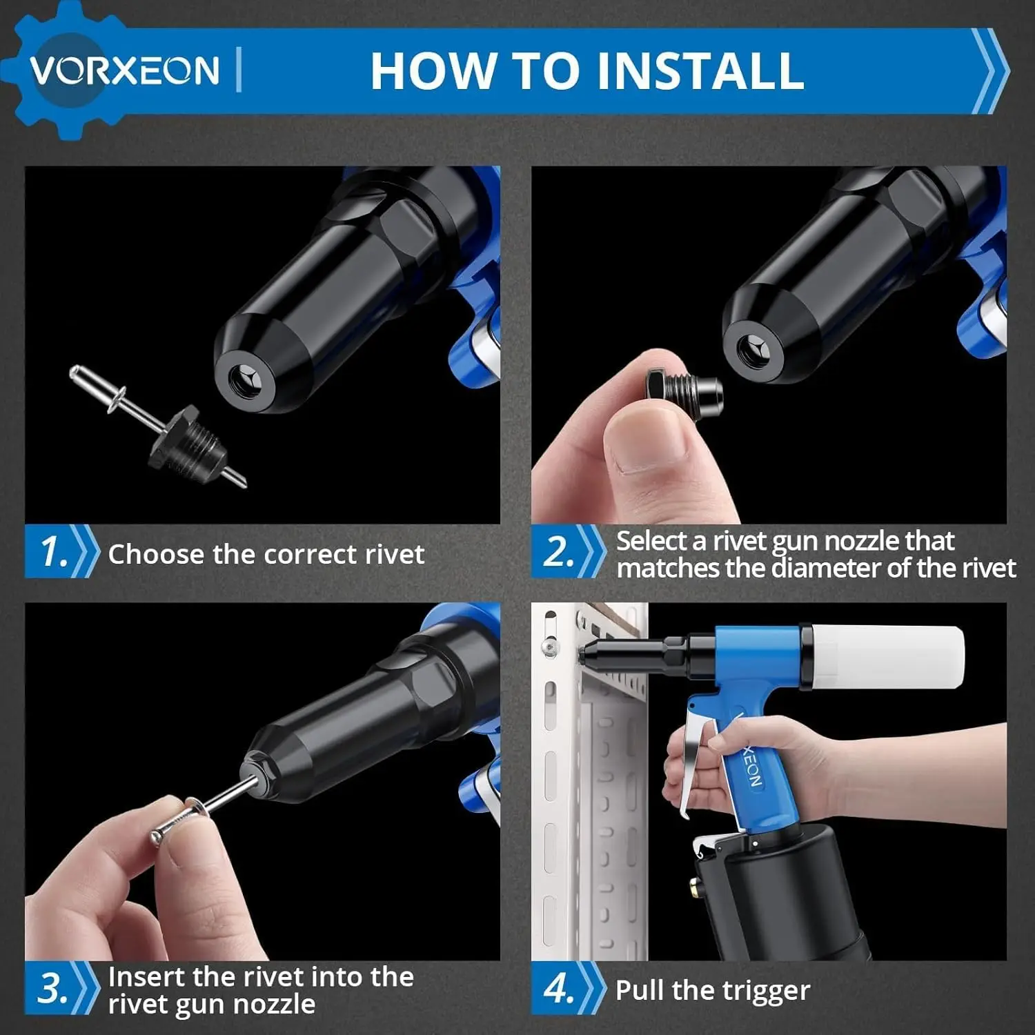 Air Rivet Gun Pneumatic with 500 Blind Rivets Aluminum Kit Pop Air Riveter Pulling Pressure 3097 lbf Heavy Duty Pneumatic Tool