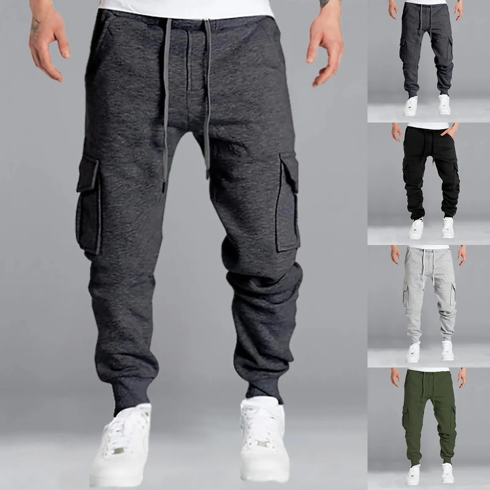 Pantalones Cargo multibolsillos de Color sólido para hombre, cordón, pantalones de pie de restricción Simple, pantalones deportivos al aire libre, pantalones Casuales