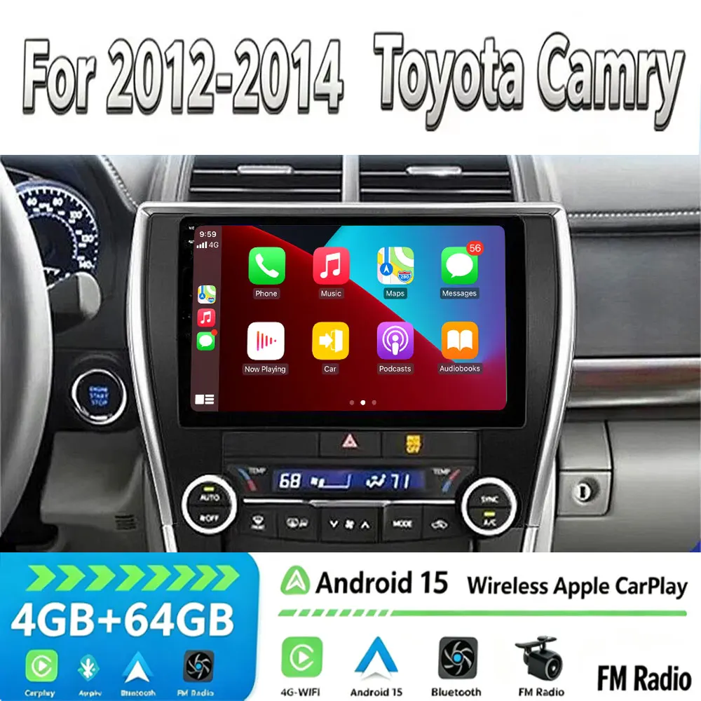 10''For 2012-2014 Toyota Camry Android 15 Car Stereo Radio Wireless Apple CarPlay Android Auto GPS Navigation + Rear View Camera