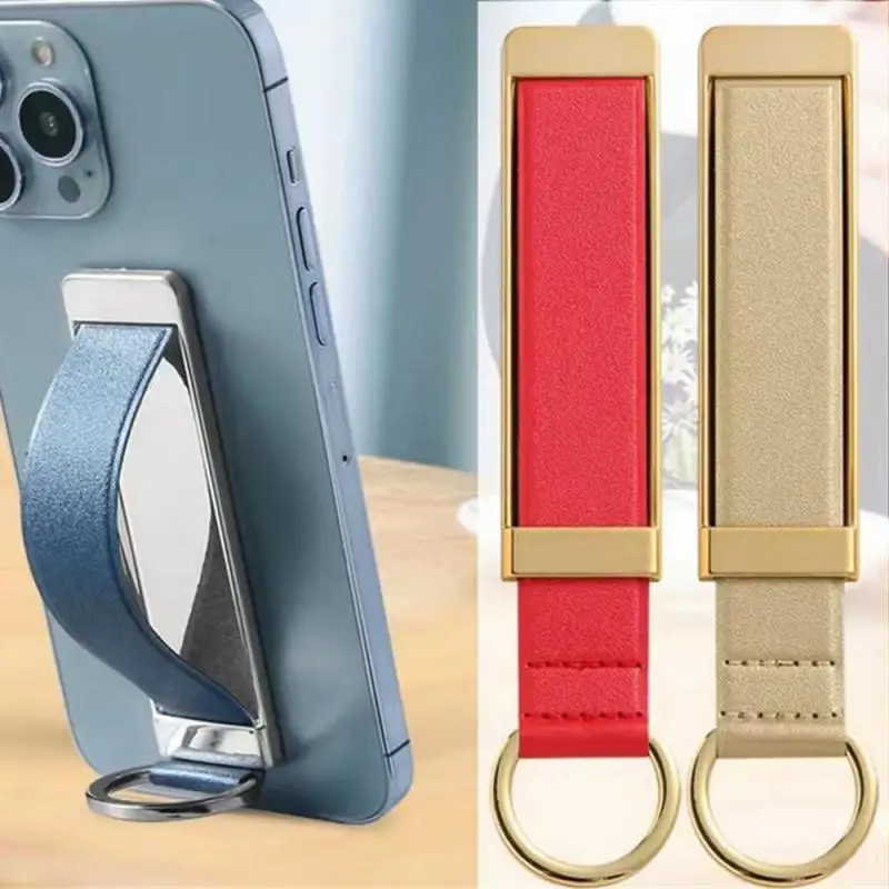 Ultra-Thin Mobile Phone Holder With Leather Wristbands Portable Pull-Out Adhesive Phone Stand Sticker Phone Bracket For Home