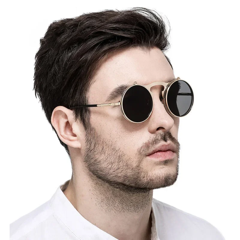 Fashion Luxury Punk Steam Flip Sunglasses for Men  Women Metal Circular Retro Personalized Day and Night Dual-use SUN GLASSES