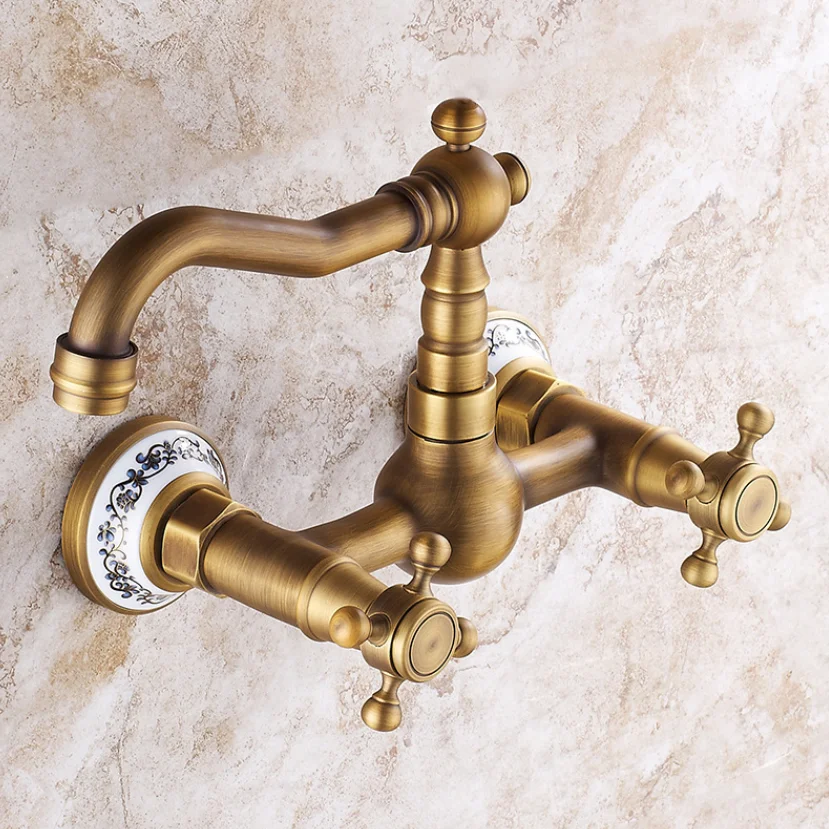 Antique brass ceramic into the wall faucet bathroom washbasin basin wall mount double handle cold and hot water faucet