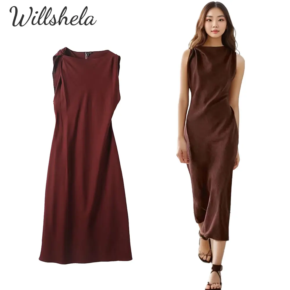

Willshela Women Fashion WineRed Sleeveless Midi Dress Round Neck Female Chic Lady Casual Long Vestidos