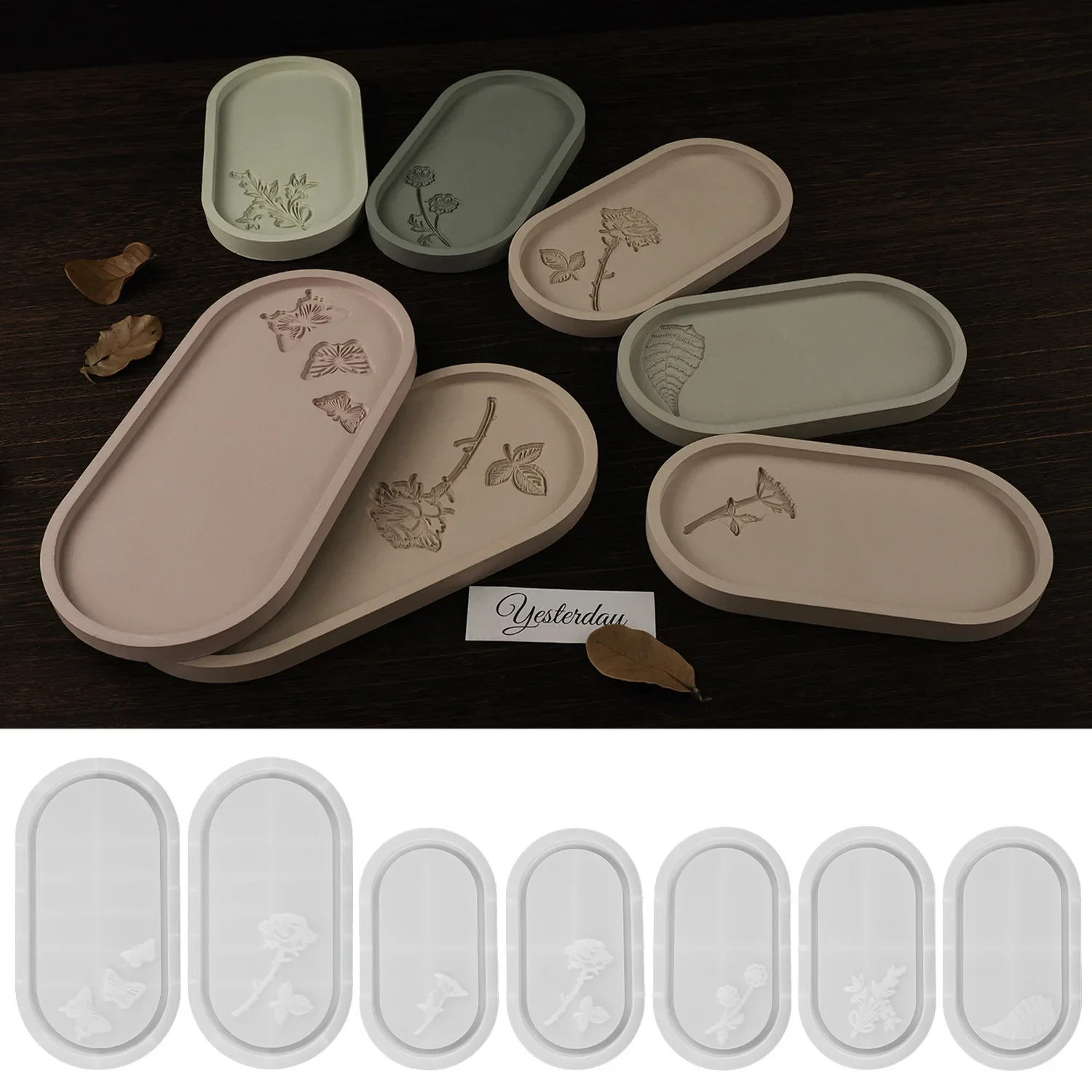 Carved Flower Oval Tray Silicone Mold DIY Concrete Cement Storage Dish Mould Jewelry Display Plate Plaster Resin Casting Molds
