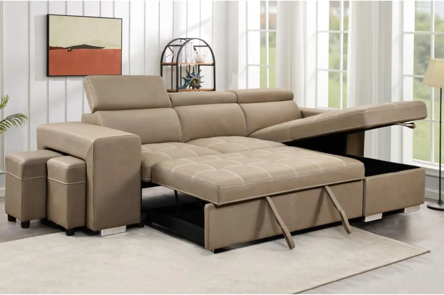 102'' Microfiber Sectional Sleeper Sofa. Featuring a Reversible Storage Chaise, Adjustable headrests, and Two stools, Co