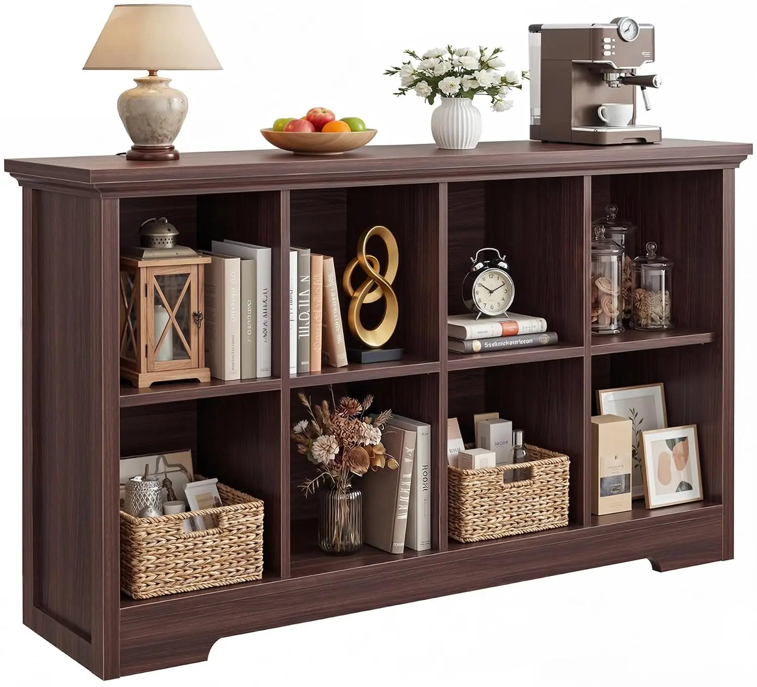 Wooden 8-Cube Storage Organizer With Charging Ports, Cube Bookcase, 3-Tier Open Shelf For Home & Office, Walnut, Customized