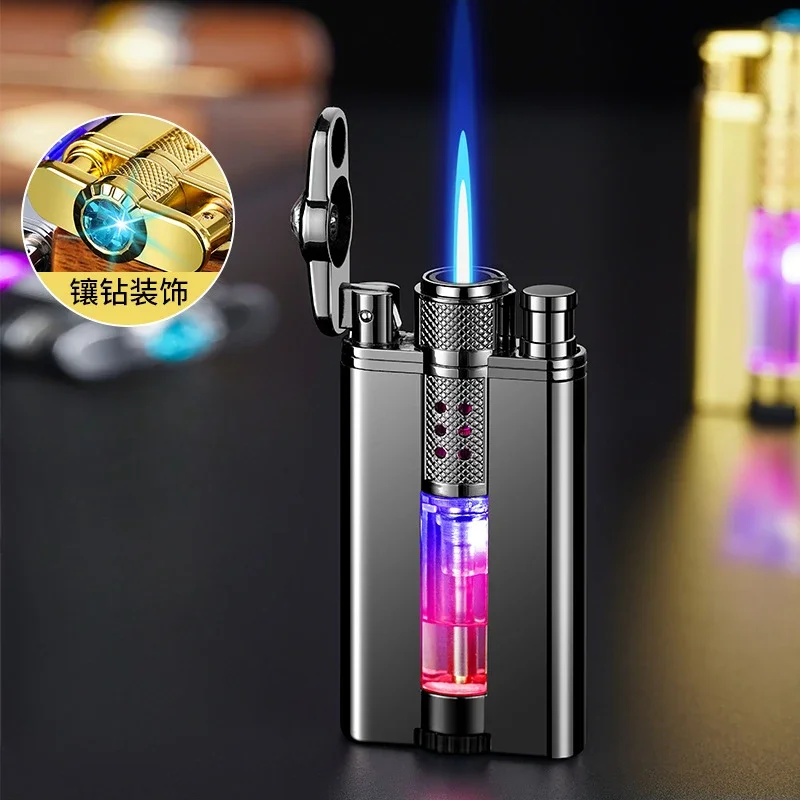 2026 New Personalized Creative Diamond Direct Charge Windproof Blue Flame Inflatable Lighter Visual Gas LED Light Gift Tool