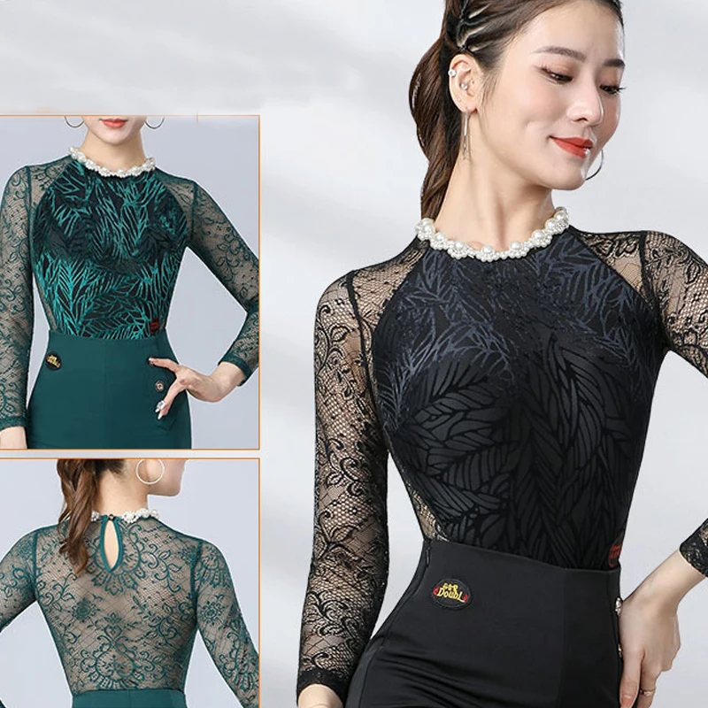 

New Latin Dance Tops For Women Lace Backless Long Sleeved Jumpsuit Latin Practice Clothes Chacha Rumba Tango Latin Wear DN19482