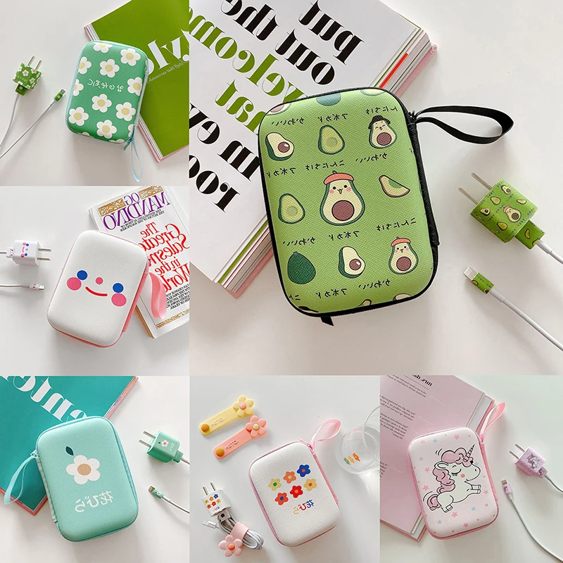 Cute Cartoon Fruit Flower Pattern Headphone Data Cable Storage Bags Charger Power Bank Rectangular Box Zipper Bag Pouch