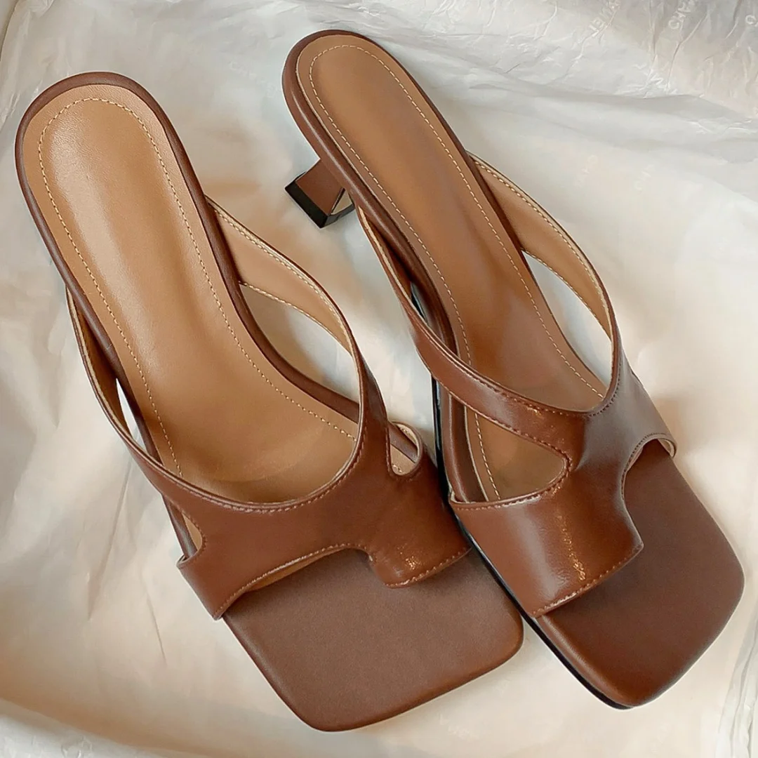 

Женские шлепанцы из натуральной кожи с узким ремешком, летние шлепанцы без шнуровки, элегантные женские повседневные тонкие туфли-лодочки на тонком высоком каблуке 4 см