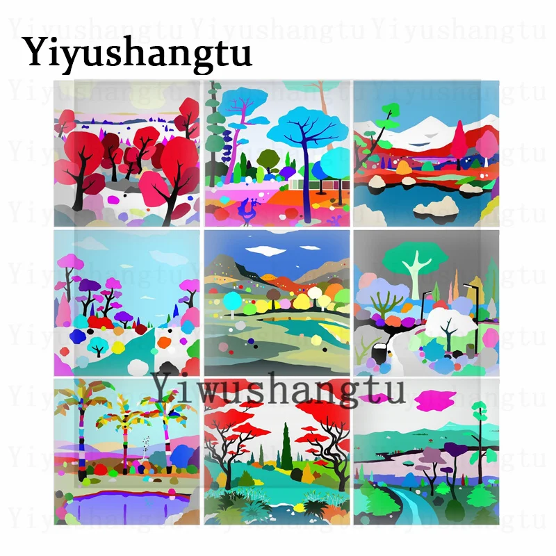 Watercolor tree Village Trail Scenery pattern 12mm/20mm/25mm/30mm Square photo glass cabochon demo flat back Making findings