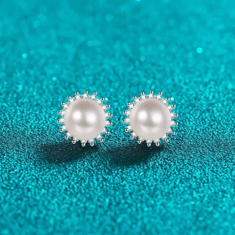 Elegant Platinum Pt950 Sunflower Earrings with 6mm Freshwater Pearl, Fashionable Moissanite 21 Point High-end Design Ear Studs