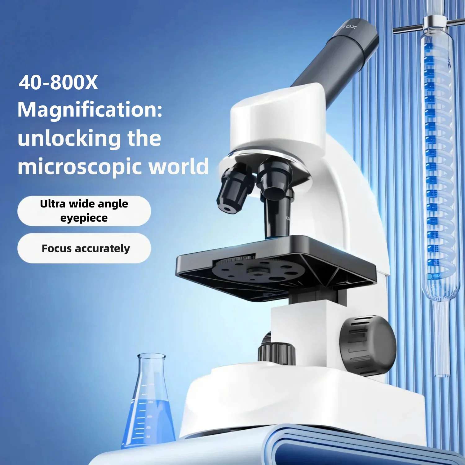 40X-800X High-Power Biologica used for scientific exploration, equipped with LED lights, is a school tool and a portable device.
