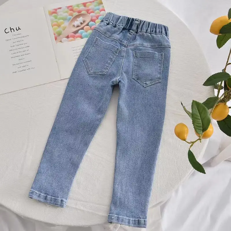 Kids Girls Spring And Autumn Pearl Jeans 2023 New Children\'s Pants ashionable Middle School Children\'s Baby Elastic Pants 2-8Y