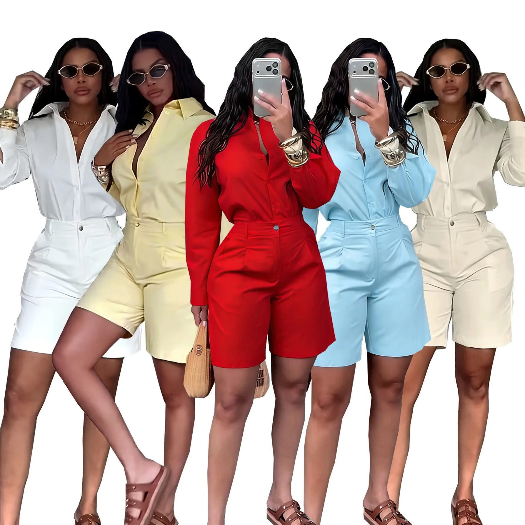 

Summer Shorts Woman Matching Sets High Waist Short Pants Two Piece Set Long Sleeve Top Capri Pants Solid Color
