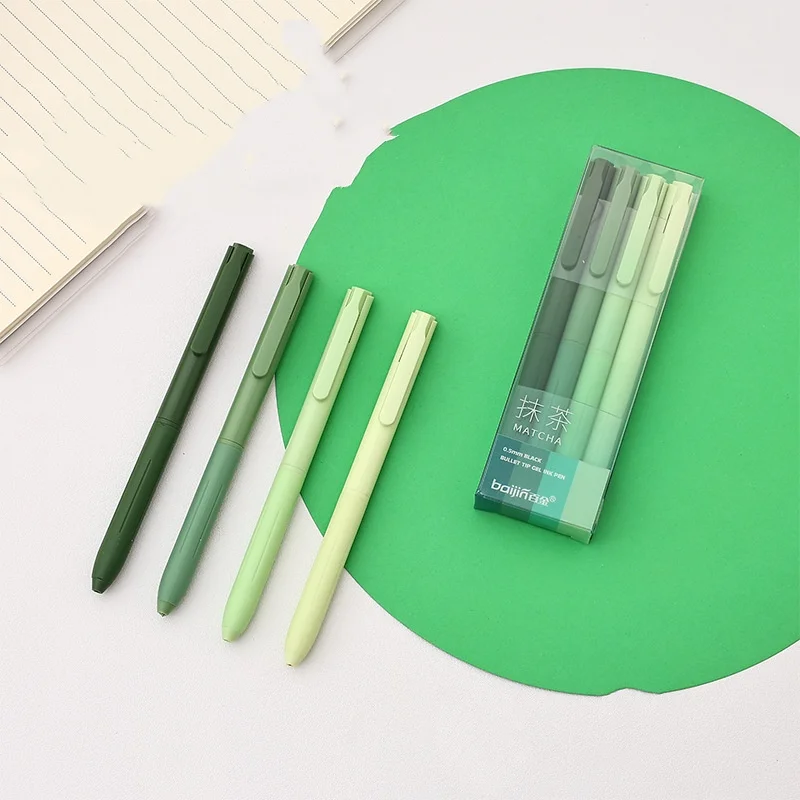 Pack of 4/8 Pieces, Random Color Delivery, Matcha Series Black Gel Pens with Gradient Green Body and Transparent Vertical Box Packaging, Fresh and Soft Nibs, Smooth Writing, Black Ink, Quick-Drying, Non-Smudging