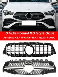 Front Bumper GT Diamond AMG Grille For Benz CLA W118 CLA180 CLA200 CLA250 CLA260 CLA45 2019-2024 Black Silver Facelift Grill