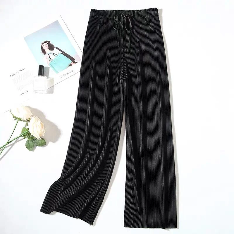 Summer Wide Leg Pants For Women Casual Elastic High Waist 2023 New Fashion Loose Long Pants Pleated Pant Trousers Femme