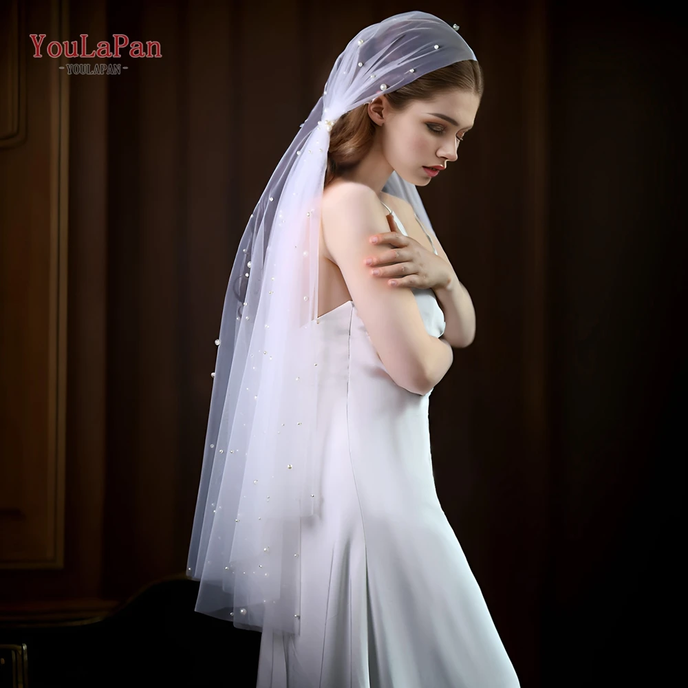 YouLasaupoudrer-Voile de mariage longueur coude V12, voile de mariage blanc, tulle avec perles pour patients, nouveauté 2024