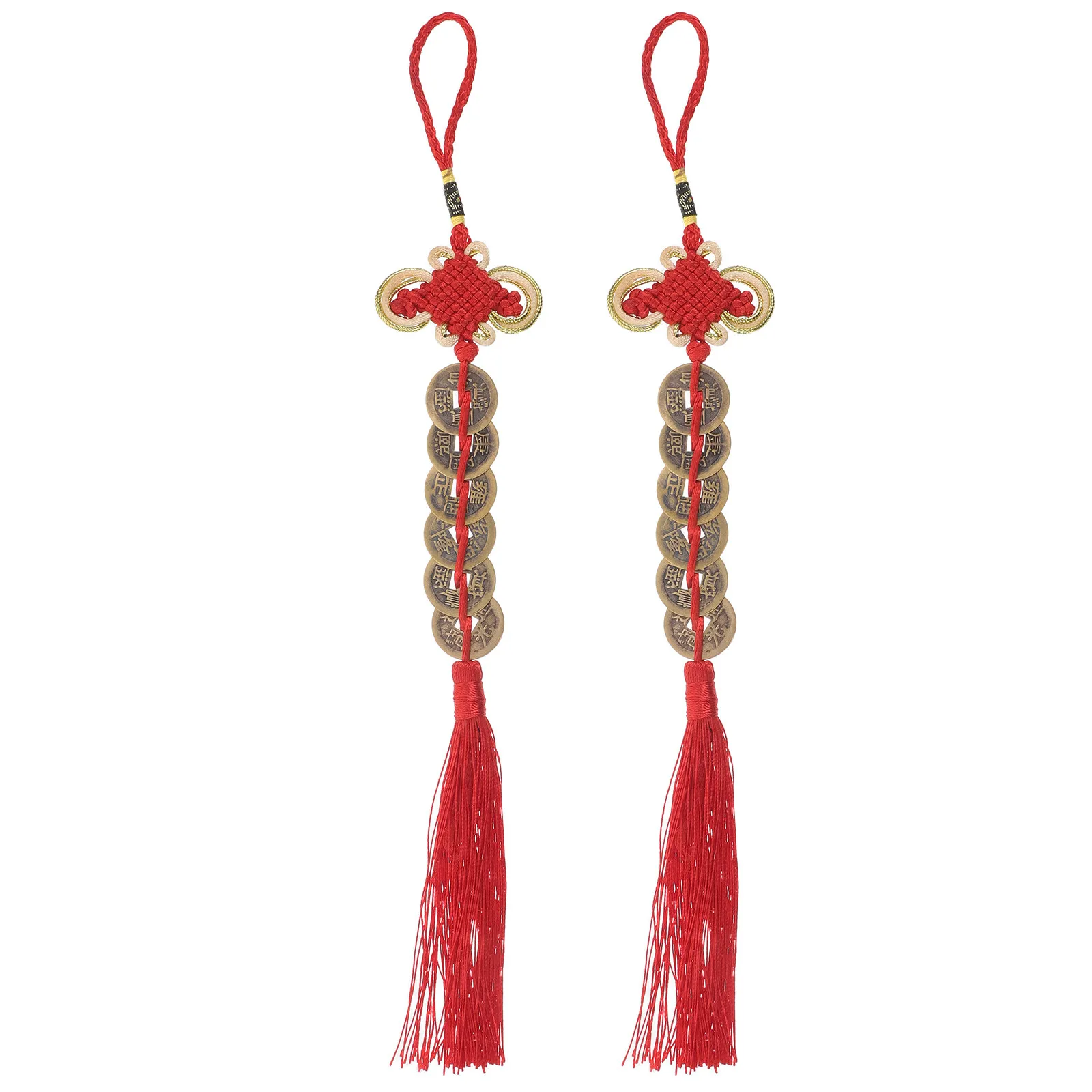 Lot de 2 ornements suspendus porte-bonheur nœud chinois, six pièces Feng Shui, pompon rouge, charme de richesse et de succès pour bureau, salon, voiture, Nouvel An