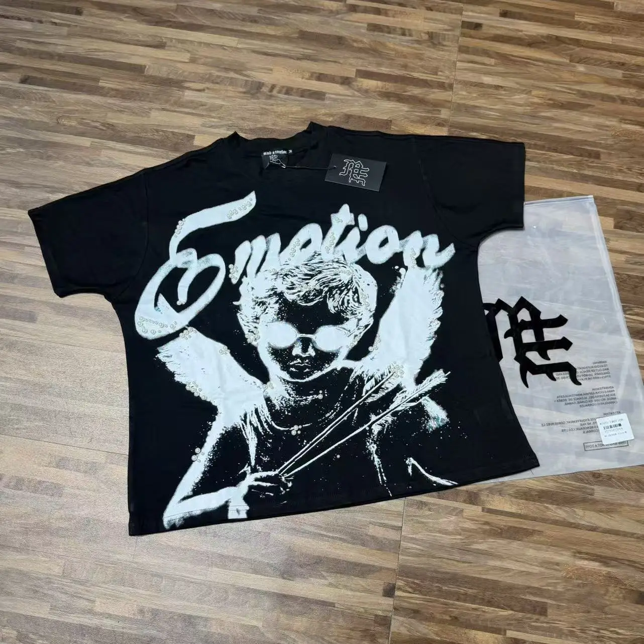 Mixed Emotion American Retro Angel Print Loose Fit Pure Cotton Short Sleeve T-Shirt Youthful Trendy Streetwear Citywalk Casual