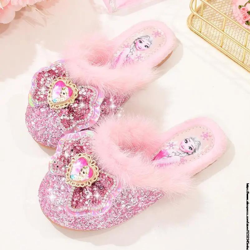 Disney Girls Fur Slipper Frozen Sequined Princesse Children Party Dress Elsa Shoes Leather Home Slipper For Kids Slides