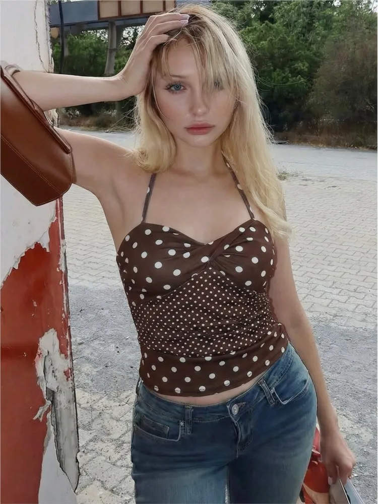 Women's Clothing 2026 French Polka Dot Print Neck Halter Top Contrast Sleeveless Bodycon Backless All-match Simple Style Trendy