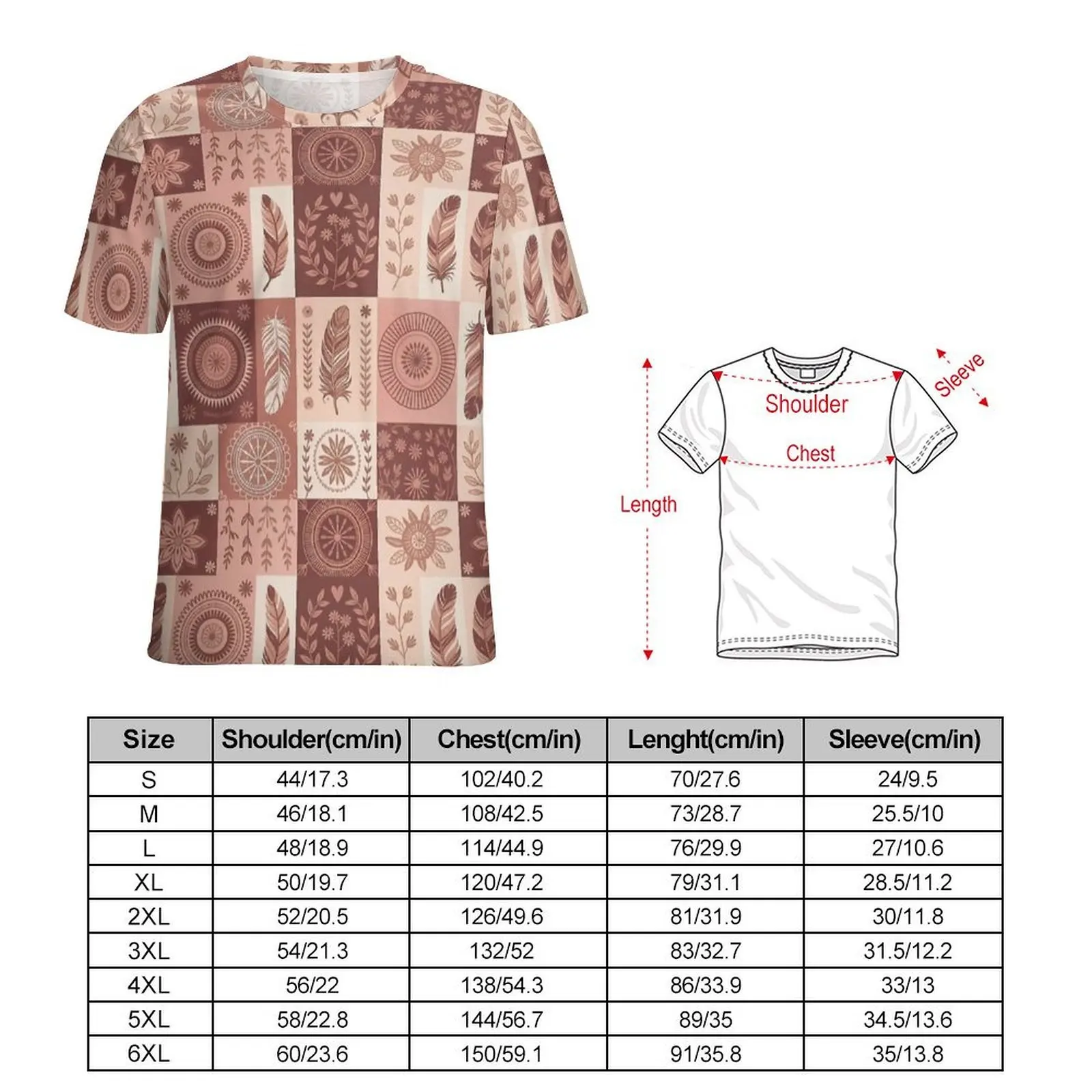 Pink Boho Feather Patchwork Print T-Shirt  Trending T-Shirts Man Basic Tshirt Summer Short Sleeves Design Top Tees Large Size