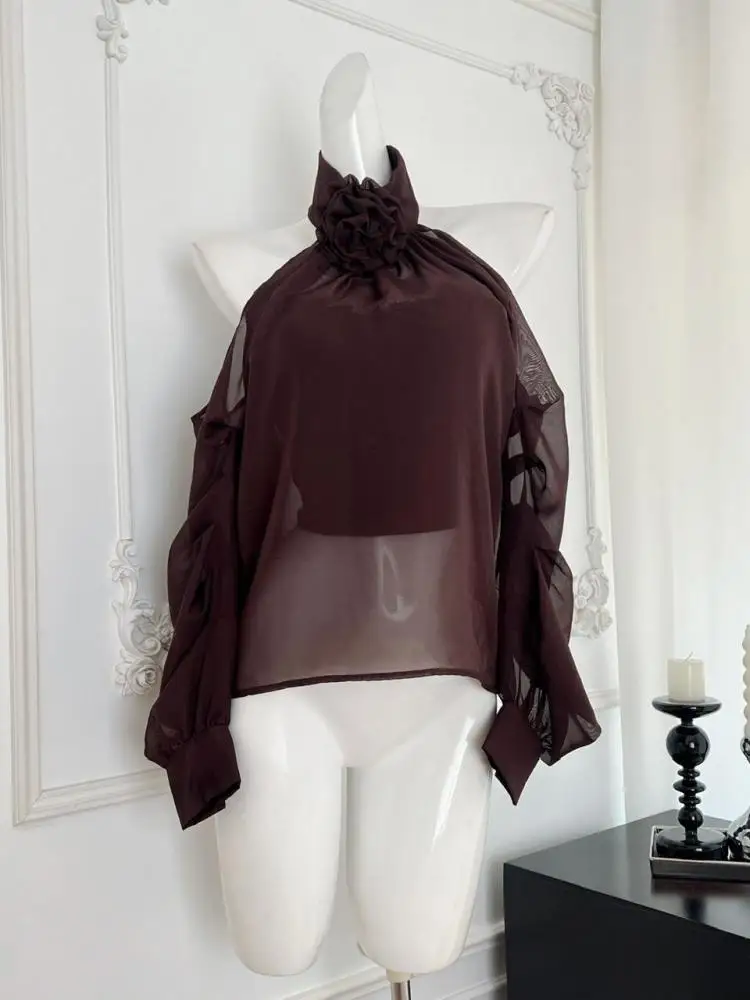 

Женская плиссированная блузка, элегантная коричневая блузка с длинным рукавом и лямкой на шее, с открытыми плечами, Осень-зима