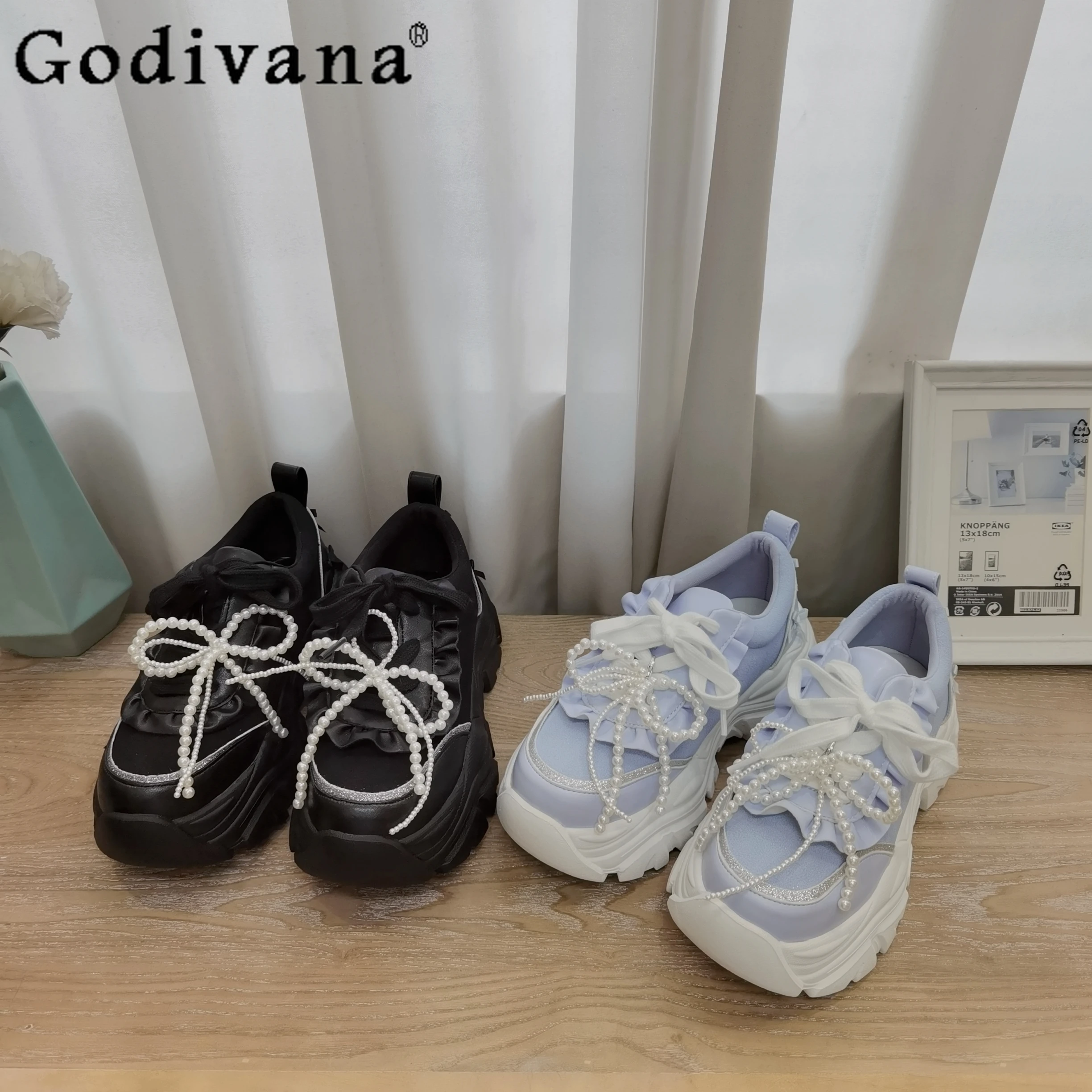 Japanese Retro Fashion Sneakers Spring and Autumn Women's Bow Pearl Lace-up Sports Shoes Girls Lolita Increasd Internal Shoes