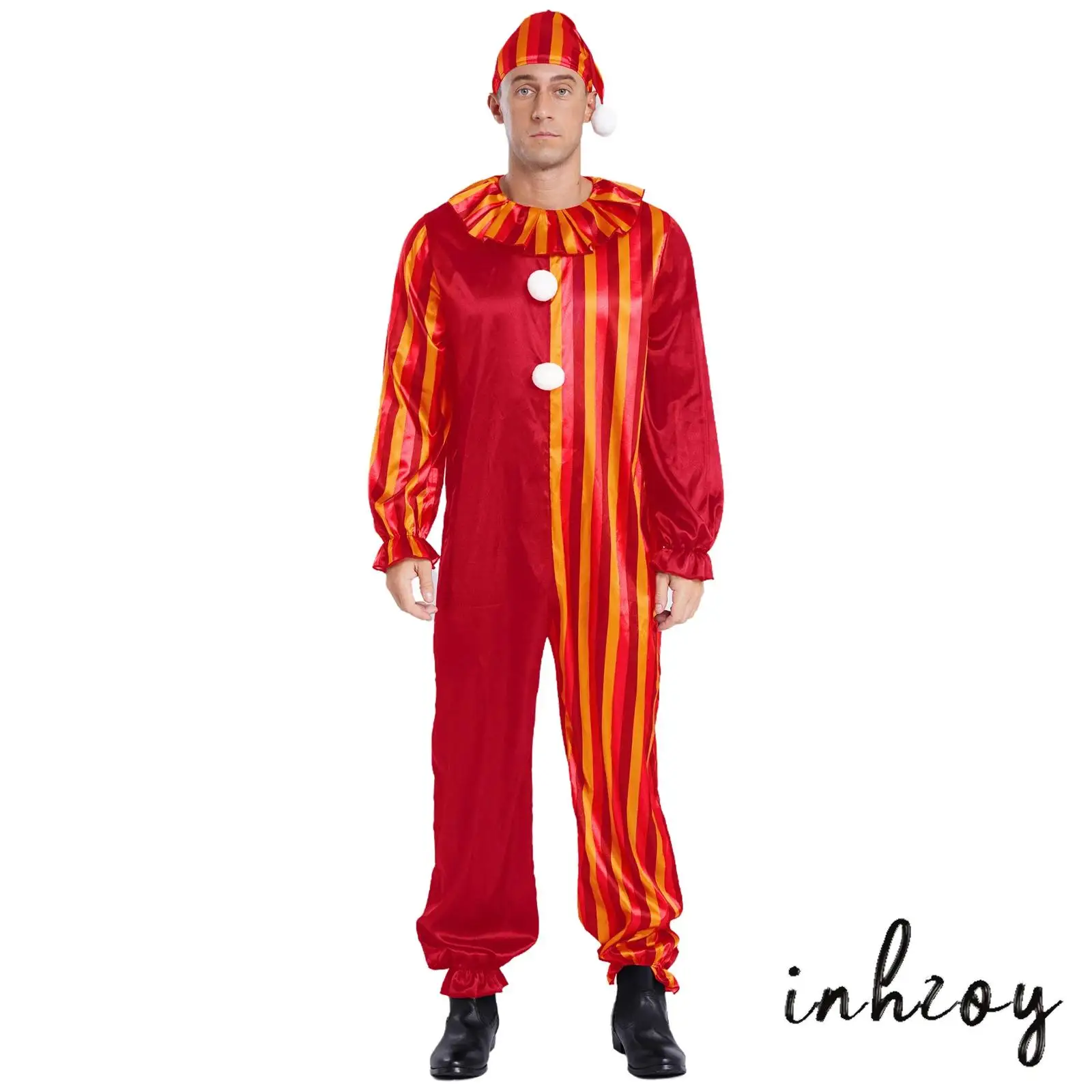 

2Pcs Mens Killer Clown Costume Set Detail Striped Jumpsuit Long Sleeve Pompoms Detachable Hat Halloween Party Cosplay Accessory