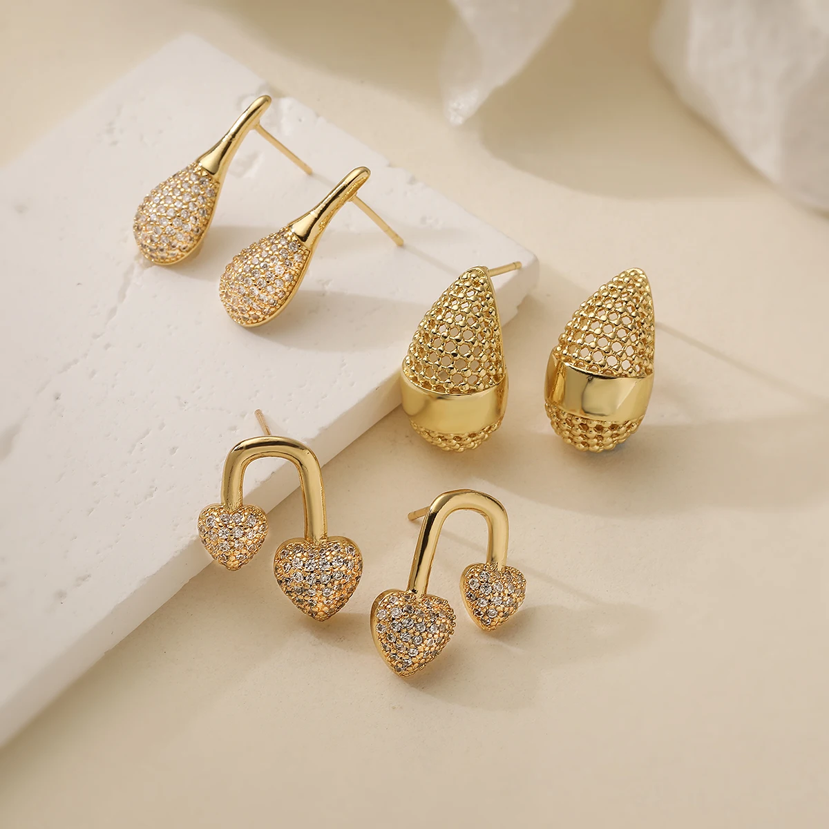 NEWBUY 2025 New Fashion Gold Color 3 Style Geometric Shape Stud Earrings For Women Shiny AAA CZ Inlay Copper Jewelry