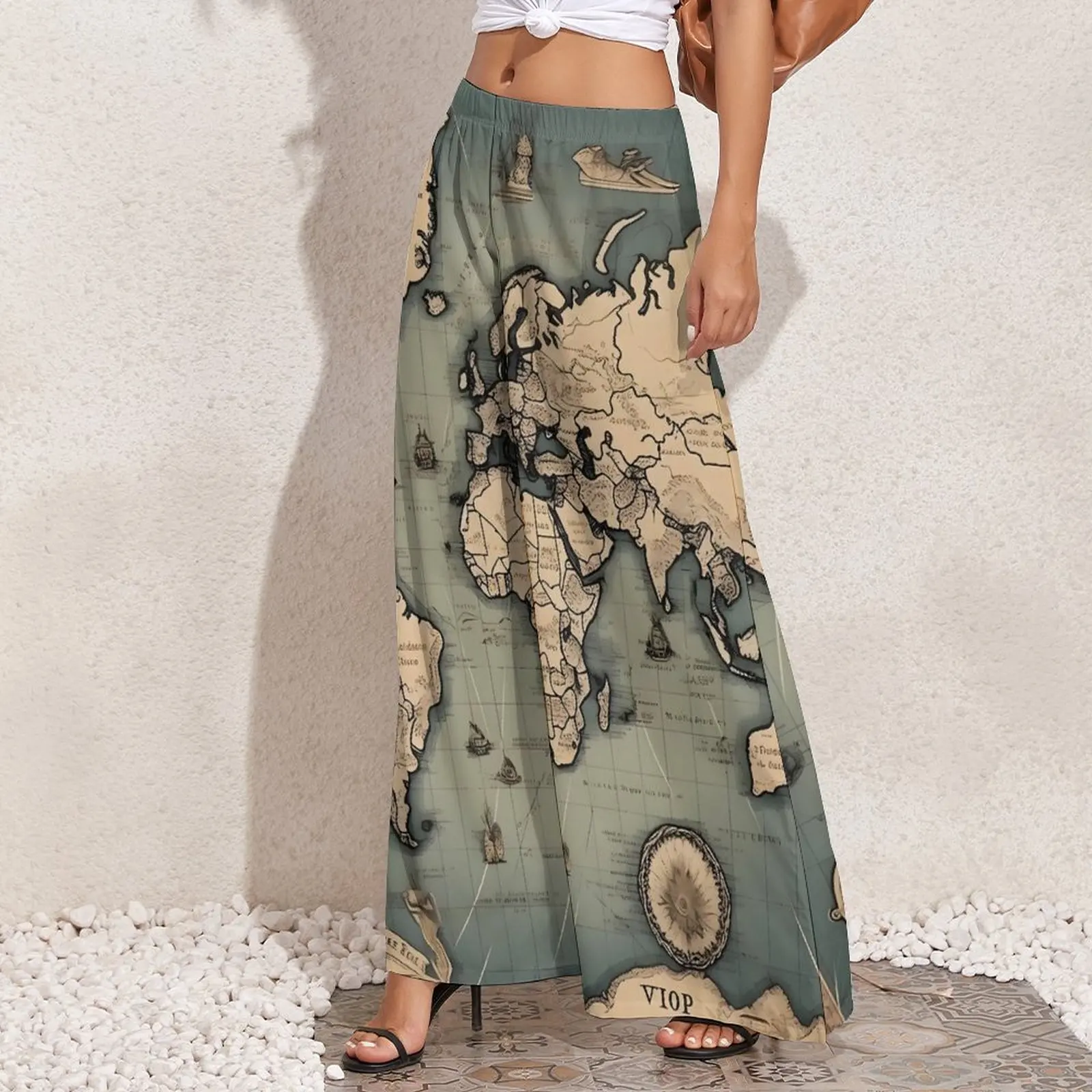 Vintage World Map Pants Elastic High Waist Historical Map Casual Trousers Street Fashion Design Wide Pants