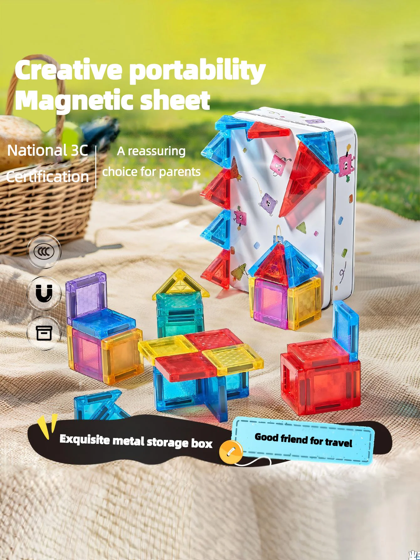 مكعبات بناء مغناطيسية للأطفال مكونة من 56 قطعة (صندوق حديد)، طوب مغناطيسي محمول للاستخدام الخارجي، مثالية لهدايا أعياد الميلاد والكريسماس