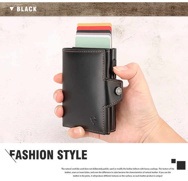 HUMERPAUL Herren-Kartenhalter mit Geldfach, Crazy Horse-Leder, Pop-Up, minimalistische Geldbörse, RFID-blockierendes, schlankes Bankkartenetui aus Metall – Detail 15