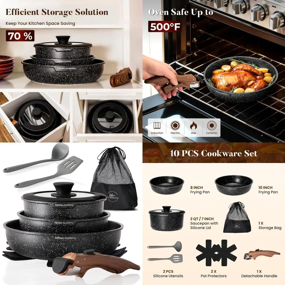 

Набор из 10 предметов: антипригарные индукционные кастрюли и сковороды, складная посуда для автодомов и кемпинга, черное гранитное покрытие