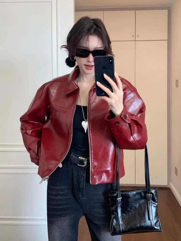 سترة نسائية من الجلد الأحمر بتصميم أمريكي عتيق، سترة قصيرة لراكبي الدراجات النارية، تصميم عالي، مقاس صغير، مادة البولي يوريثا... #3