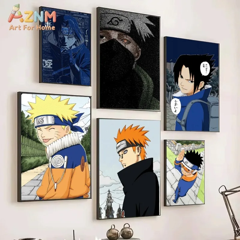 Naruto Canvas Wall Art Blue Manga Newspaper Style Sasuke Portrait Print MultiCharacter Collection For Teen Boys Bedroom Unframed