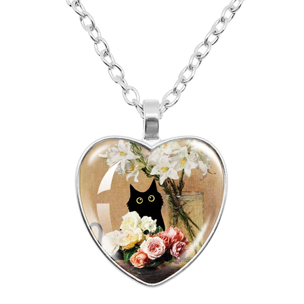 Personalized Kitten Cat Heart Pendant Necklace Animal Shape Art Photo Glass Cabochon Jewelry Children's And Women's