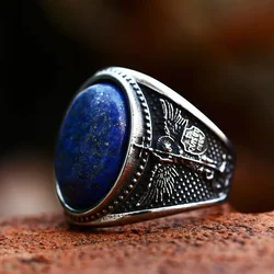 2024 New Creative Design Stainless Steel St Michael Ring Religious Pattern With Blue Zircon Exquisite Fashion Jewelry