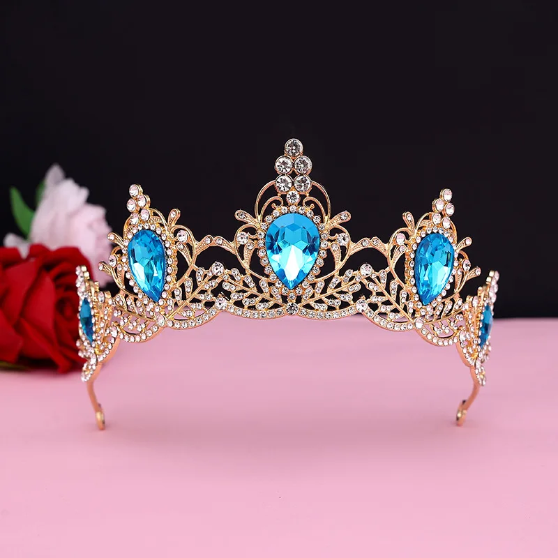 European and American Colored Rhinestone Bridal Crown Retro Style Gold Wedding Dress with Alloy Crown Headpiece Design