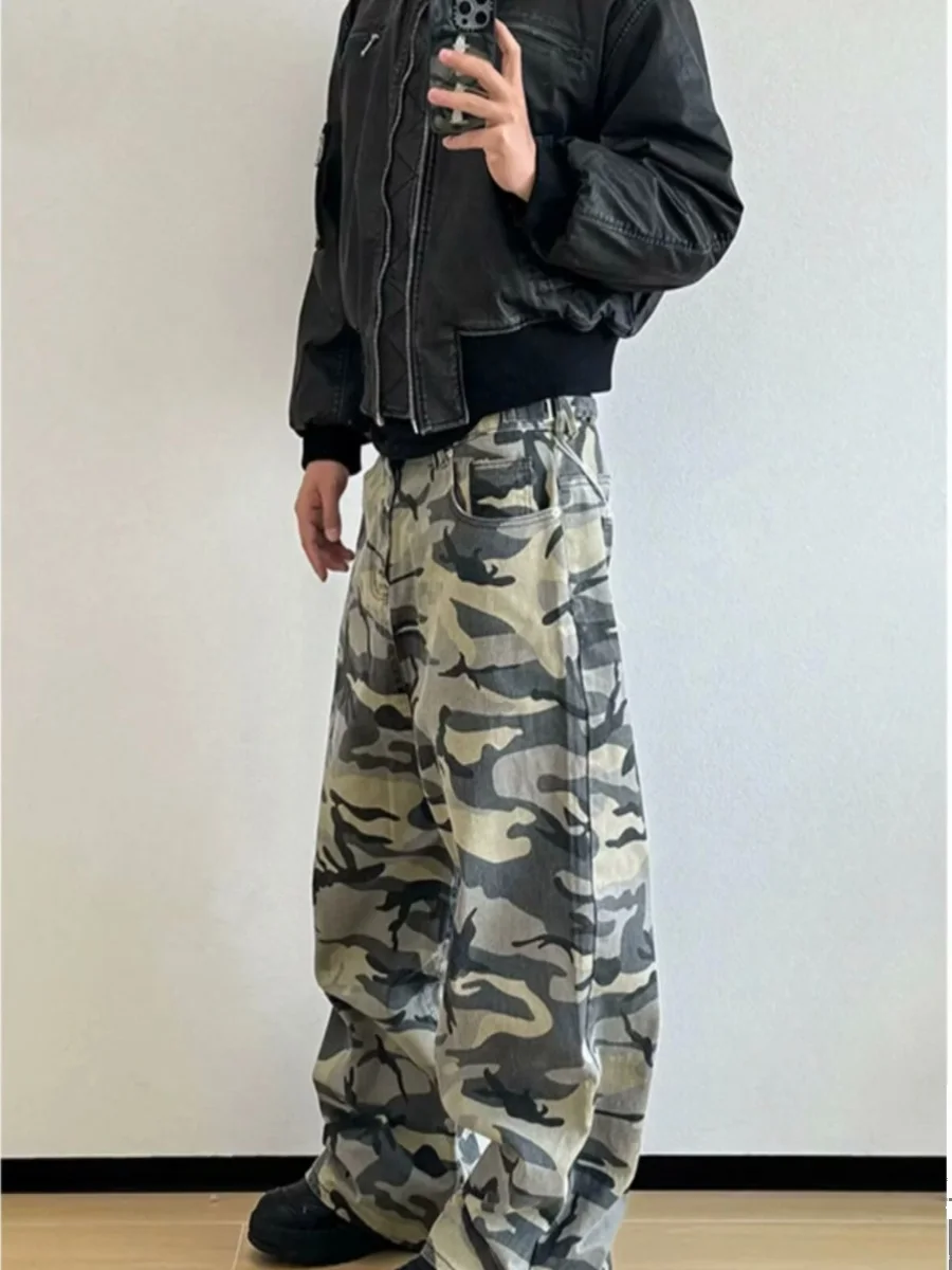 

American Retro Casual Camouflage Jeans Men's High Street Versatile Loose Straight Leg Wide Leg Workwear Denim Long Trousers