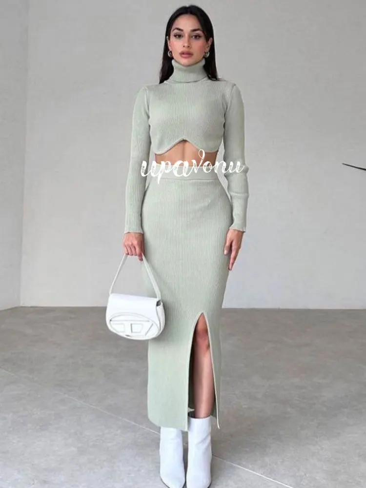 Women Knitted Sweater Long Skirt Set High Neck Long Sleeve Pullover Ultra Short Knit Shirt+High Waist Split Skirt Two Piece Set