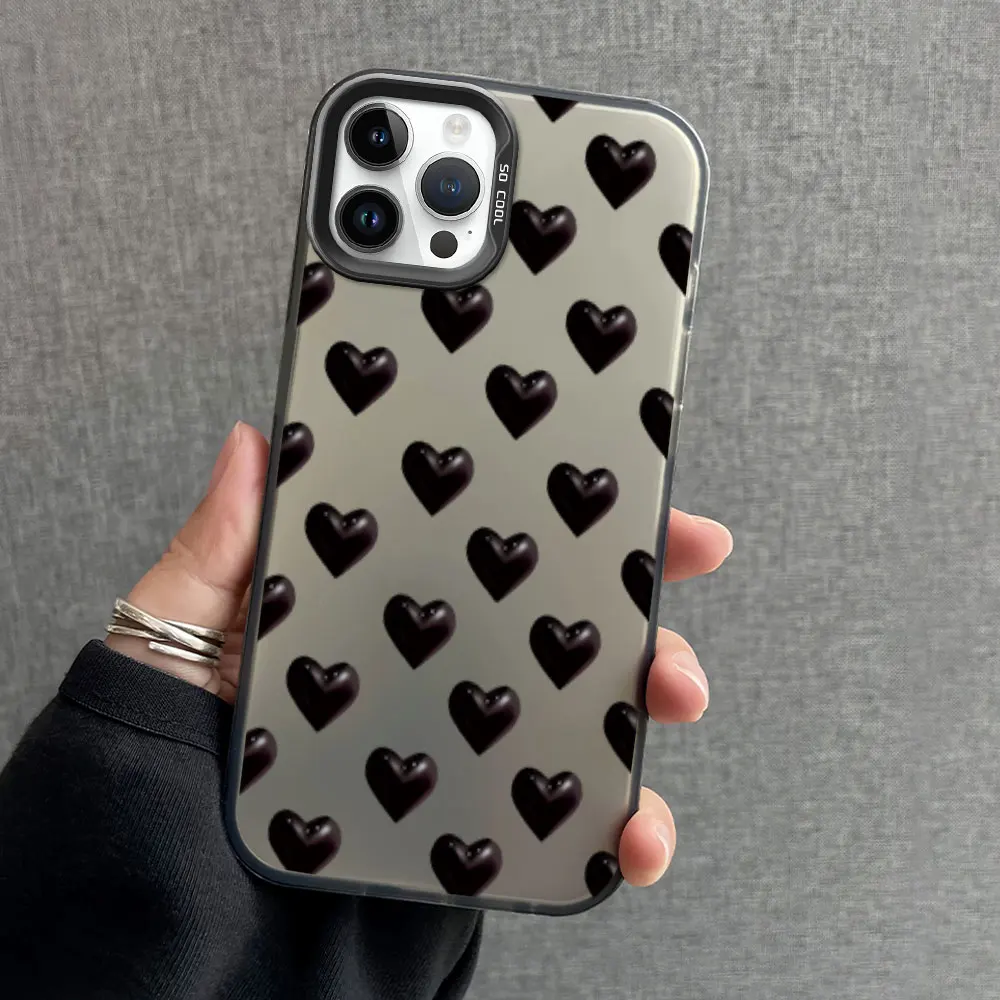 Luxury Black Heart Phone Case for iPhone 12 11 13 14 15 16 Pro Plus IMD Plating Cover