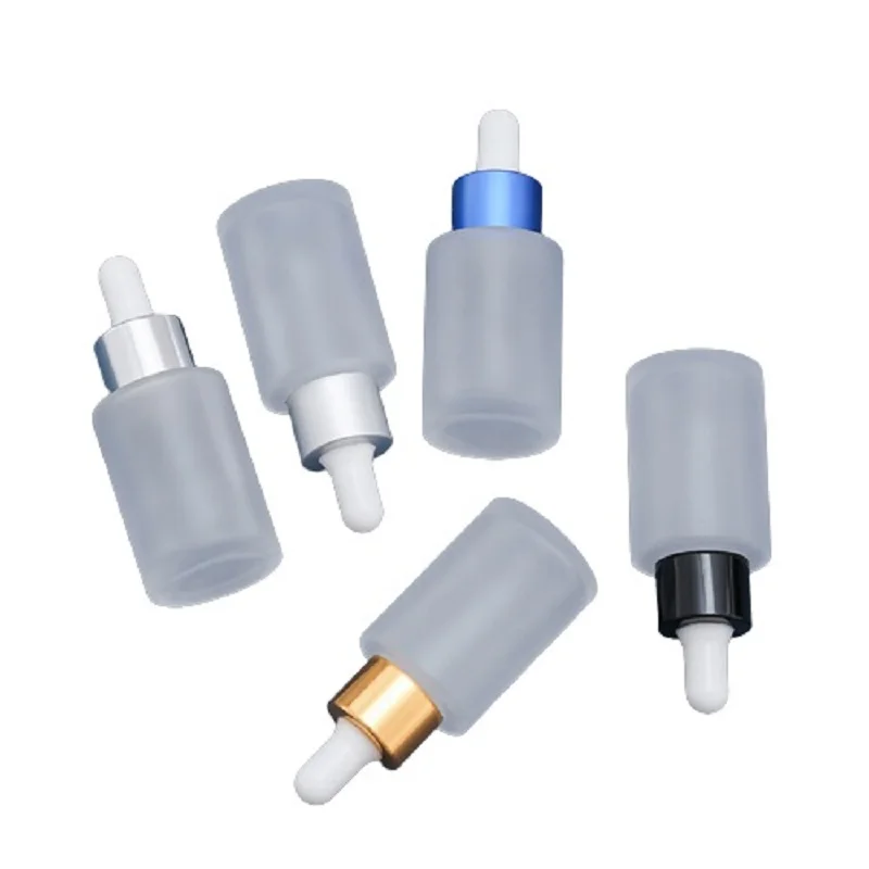 15pcs Empty Bottle Round Essential Oil Dropper 30ml Refillable Vials White Rubber Top Flat Shoulder Frost Glass Cosmetic Bottles