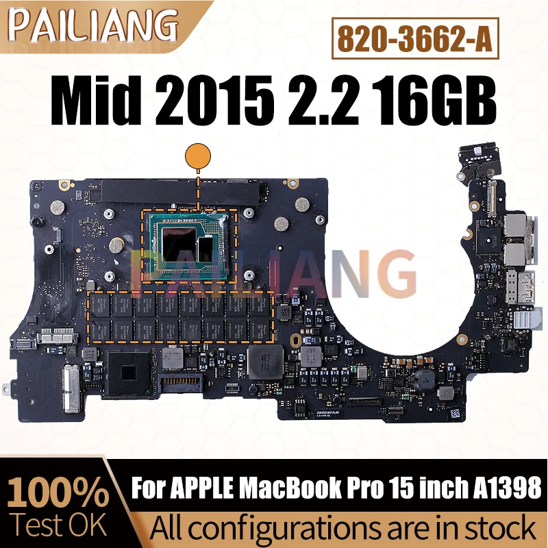 For APPLE A1398 Motherboard 820-3662-A For Macbook Pro Retina 15inch SR1J8 Mid 2015 2.2 GHZ With 16GB Memory logic board