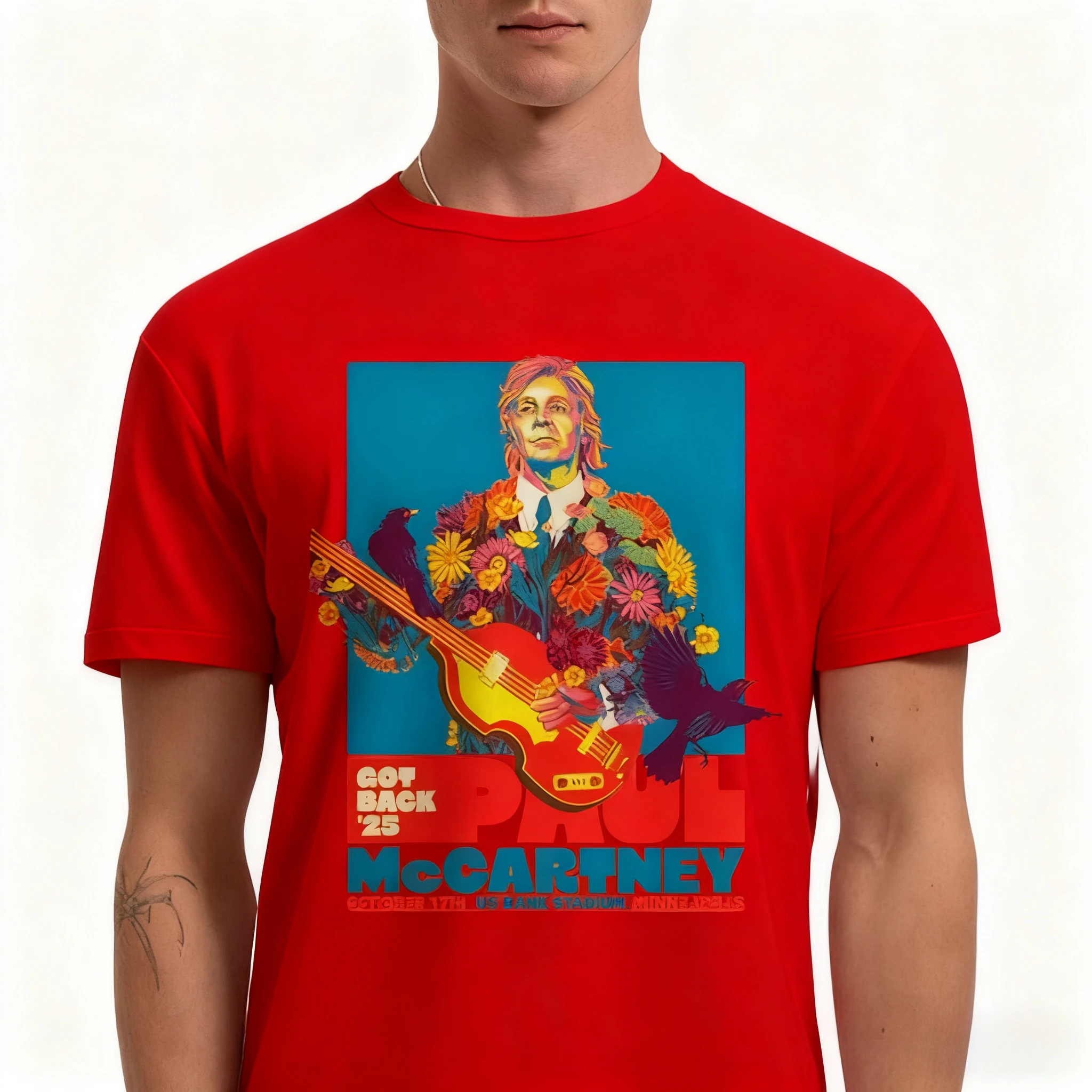بول مكارتني مينيابوليس 2025 الحفل تي شيرت مخدر الأزهار الطيور الجرافيك عادية المحملة لمحبي موسيقى الروك الملابس العصرية