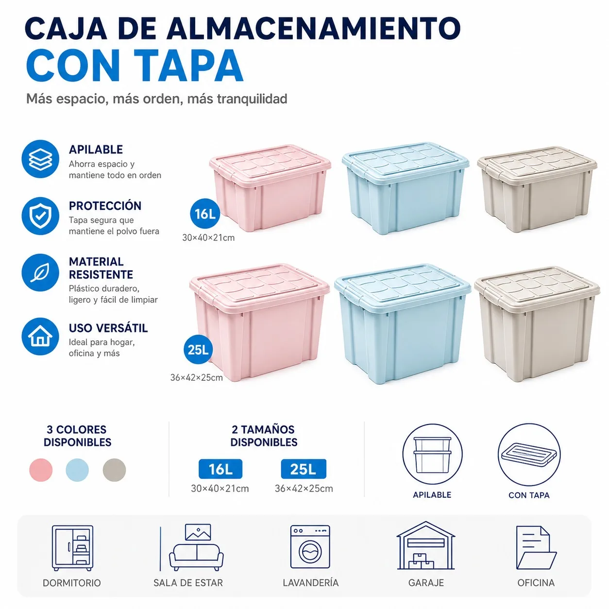Boîte de rangement en plastique avec couvercle, disponible en 2 tailles 16L et 25L, plusieurs couleurs, empilable pour vêtements et jouets